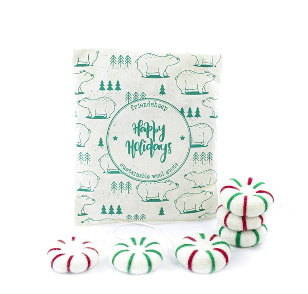 White Peppermint Wool Holiday Ornaments (Set of 6)